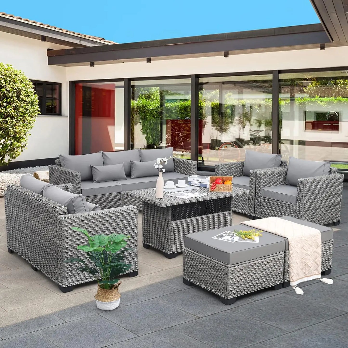 7 Piece Outdoor Patio Furniture Set with Fire Pit