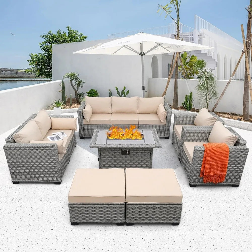 7 Piece Outdoor Patio Furniture Set with Fire Pit