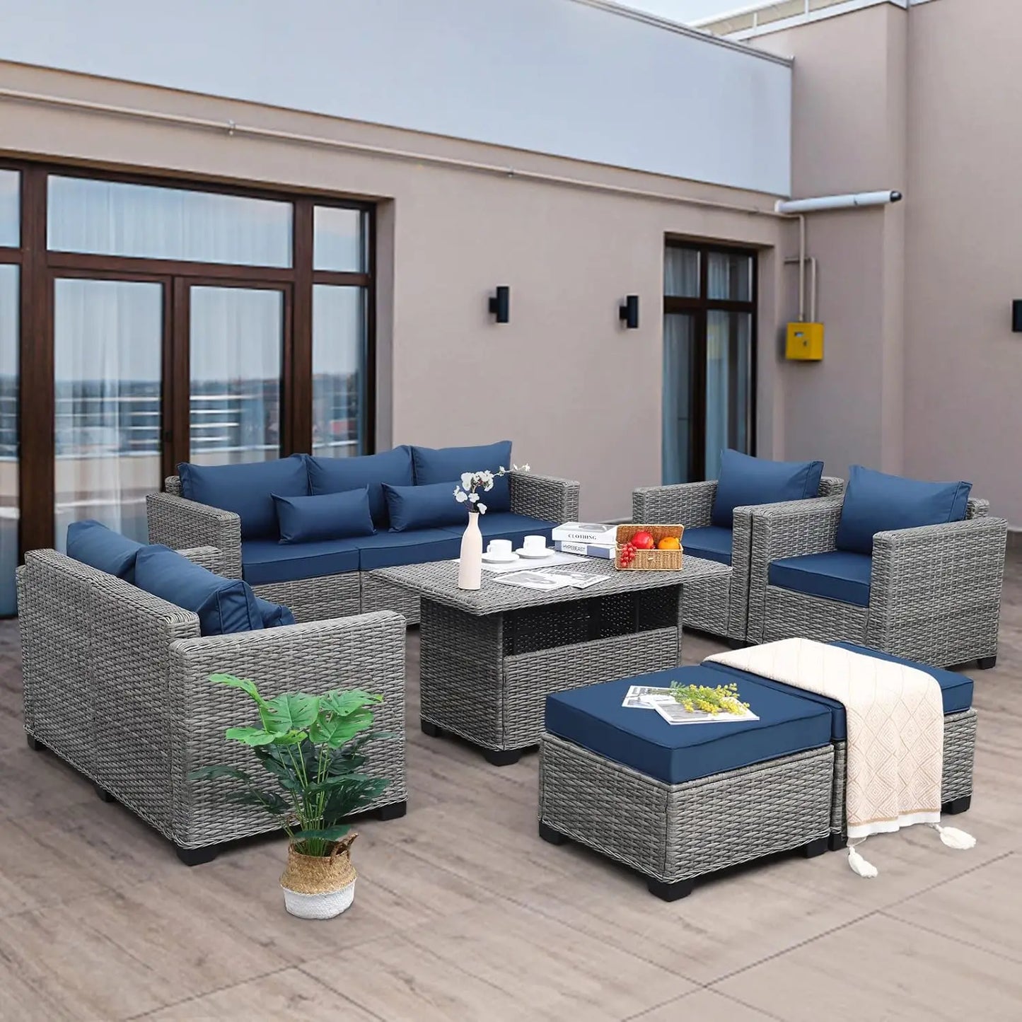 7 Piece Outdoor Patio Furniture Set with Fire Pit