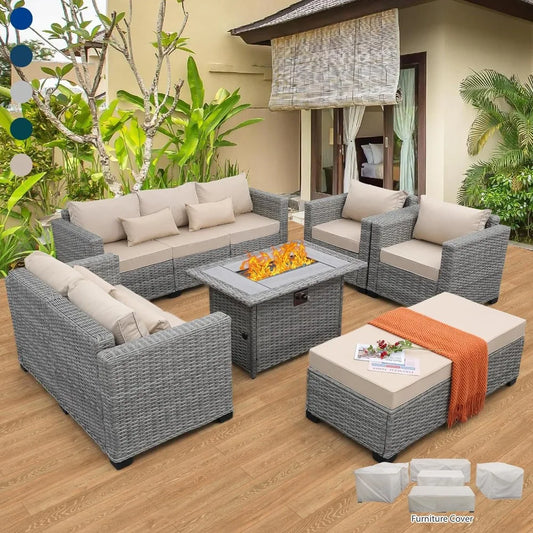 7 Piece Outdoor Patio Furniture Set with Fire Pit